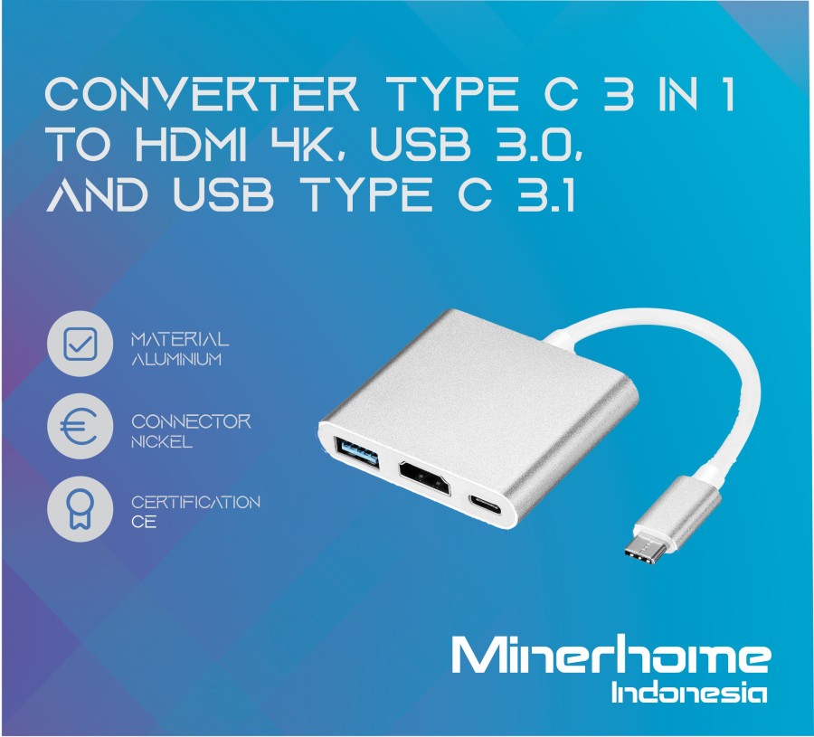 Converter Adapter Type C to HDMI 4K, USB 3.0, and USB-C 3.1