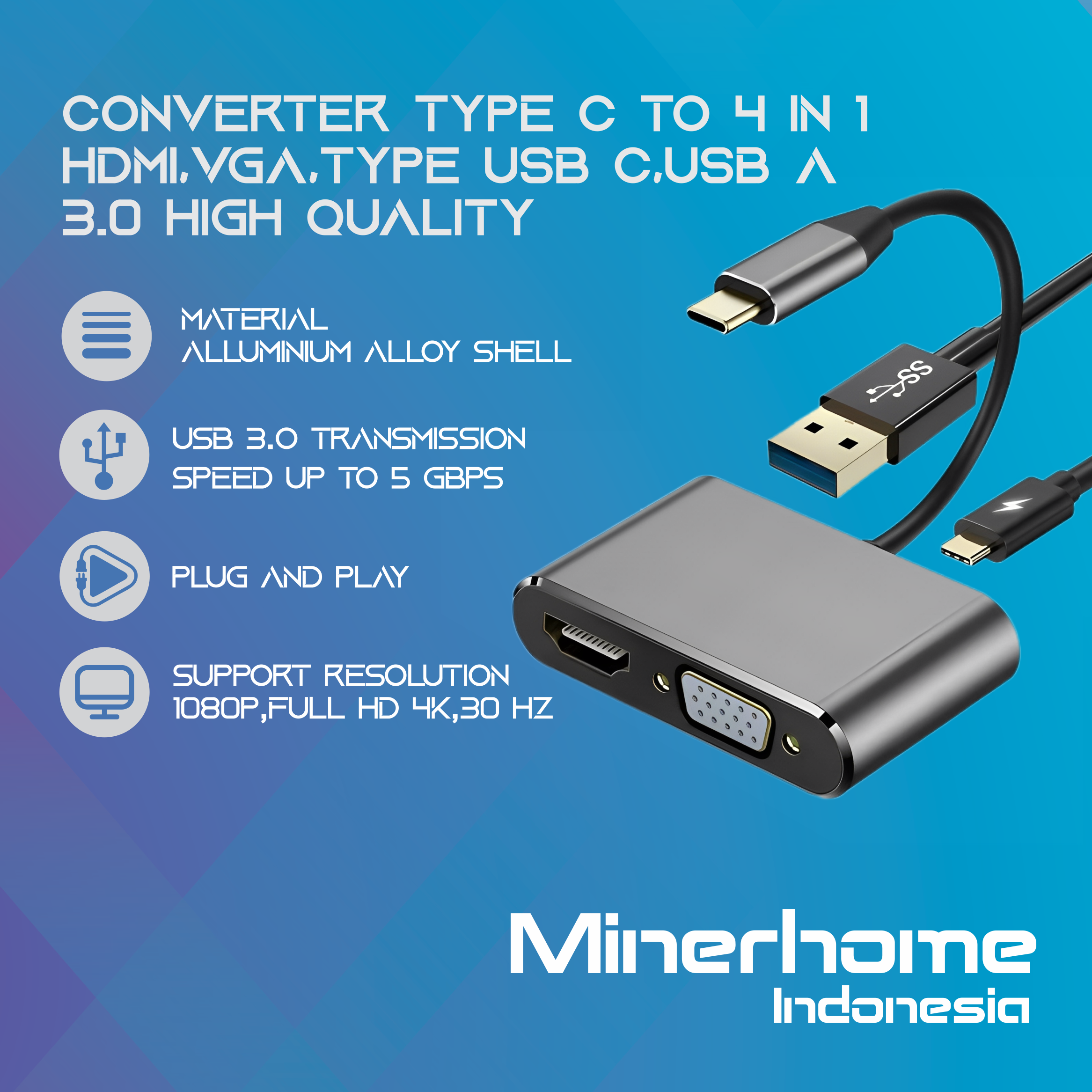 Converter Type C to 4 In 1 HDMI, VGA, Type USB C, USB 3.0 High Quality